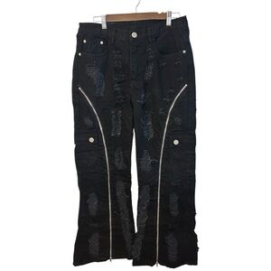 DG Distressed Black Cargo Jeans Zip Leg Y2K Punk Streetwear Mens 34